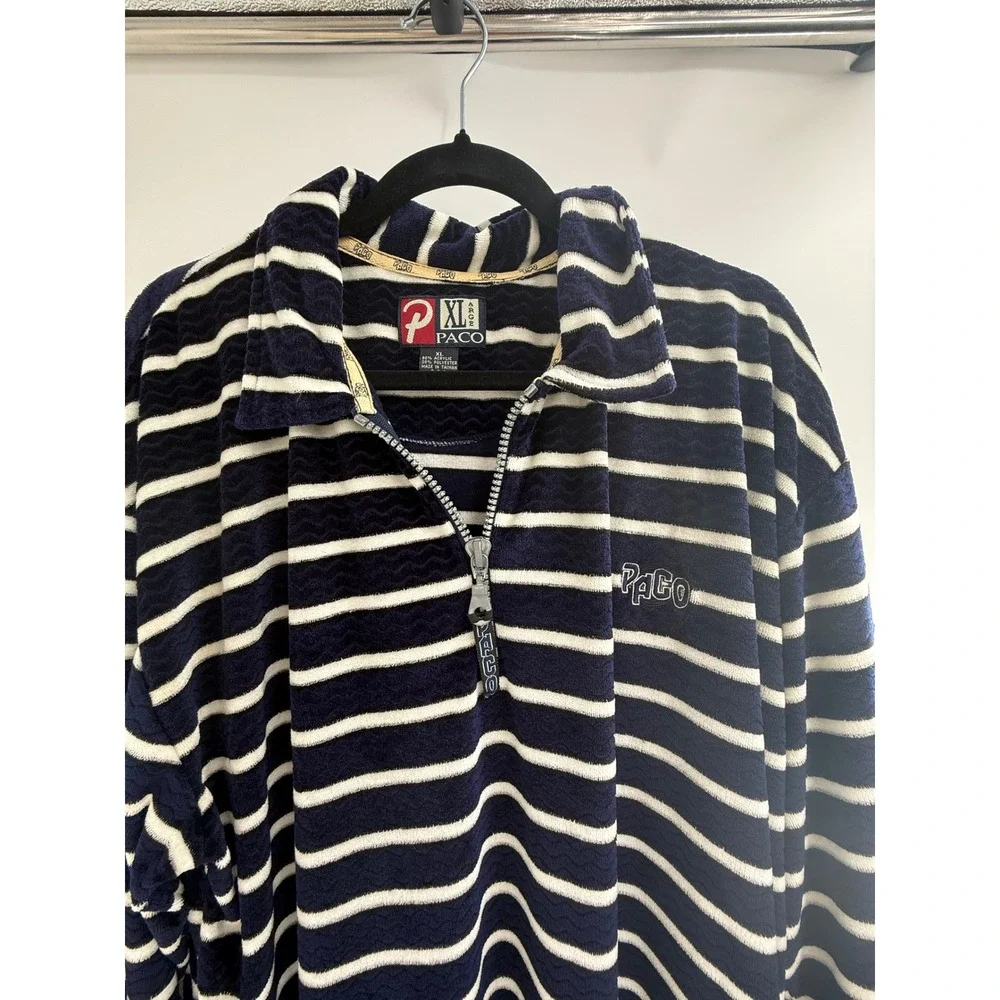 Paco Sport Vintage Quarter Zip Pullover Navy Blue White Striped Fleece XL
